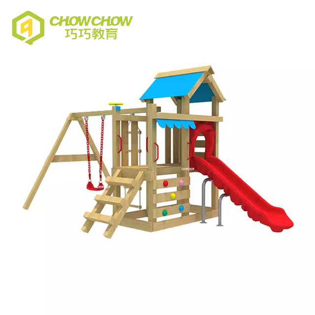 Qiaoqiao high quality kids playground wood slide with swing set outdoor wooden playground