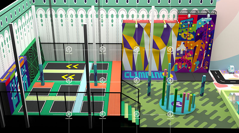 trampoline park with basketball court