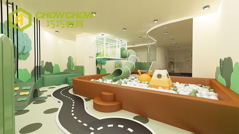 Qiaoqiao Customized pastel color Small soft play Indoor Playground Equipment S shape slide with huge ball pool for restaurant and cafe
