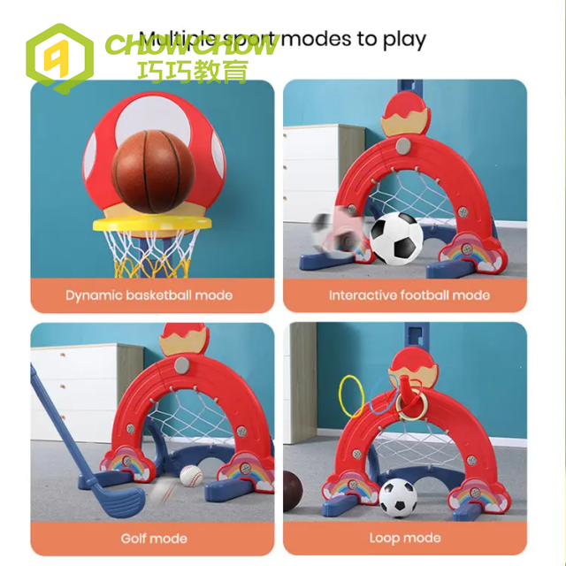 3-in-1 Indoor Mushroom Shape Plastic Kids Basketball Soccer Golf Set Hoop Adjustable Stand 