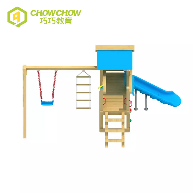 Qiaoqiao high quality kids playground wood slide with swing set outdoor wooden playground